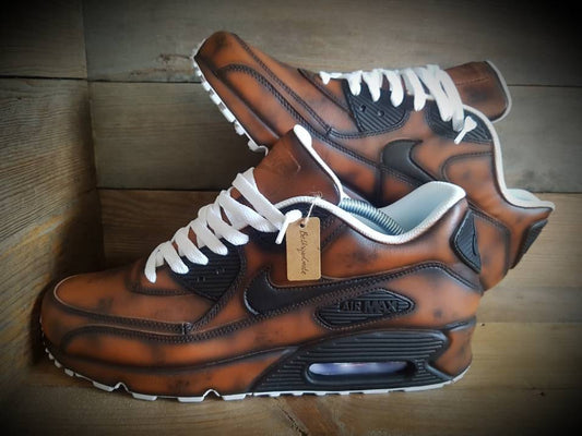 Custom Painted Air Max 90 - Brown Distressed Aged Leather Trainers