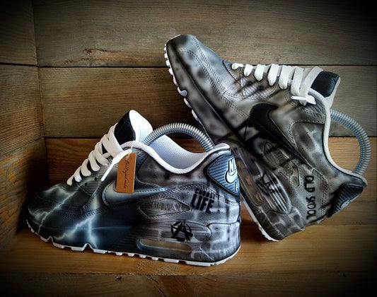 Custom Painted Air Max 90 - Black White Brick Wall Graffiti Drip Trainers