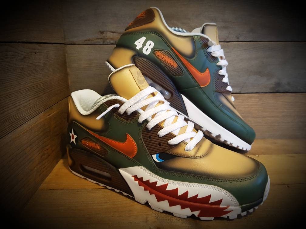Custom Painted Air Max 90 - Warhawk Sharks Teeth Green Brown Drip Trainers