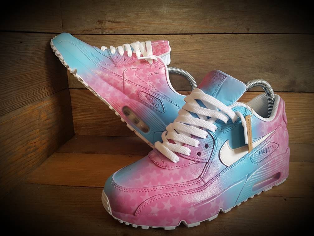 Custom Painted Air Max 90 - Pink Blue Faded Stars Trainers