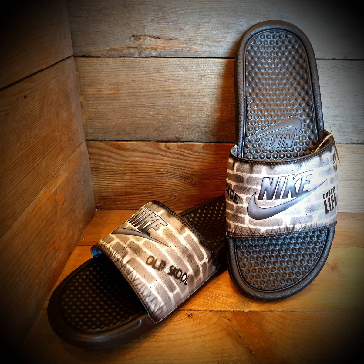 Custom Painted Sliders - Black White Brick Wall Graffiti Drip Slides