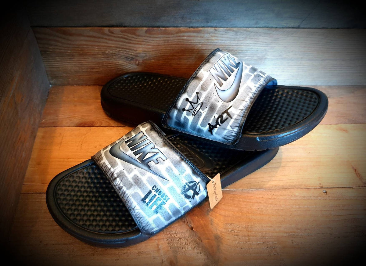 Custom Painted Sliders - Black White Brick Wall Graffiti Drip Slides