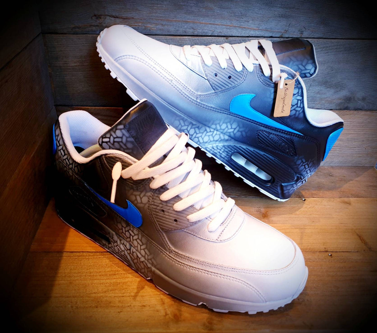 Custom Painted Air Max 90 - Neon Blue Black Graffiti Trainers