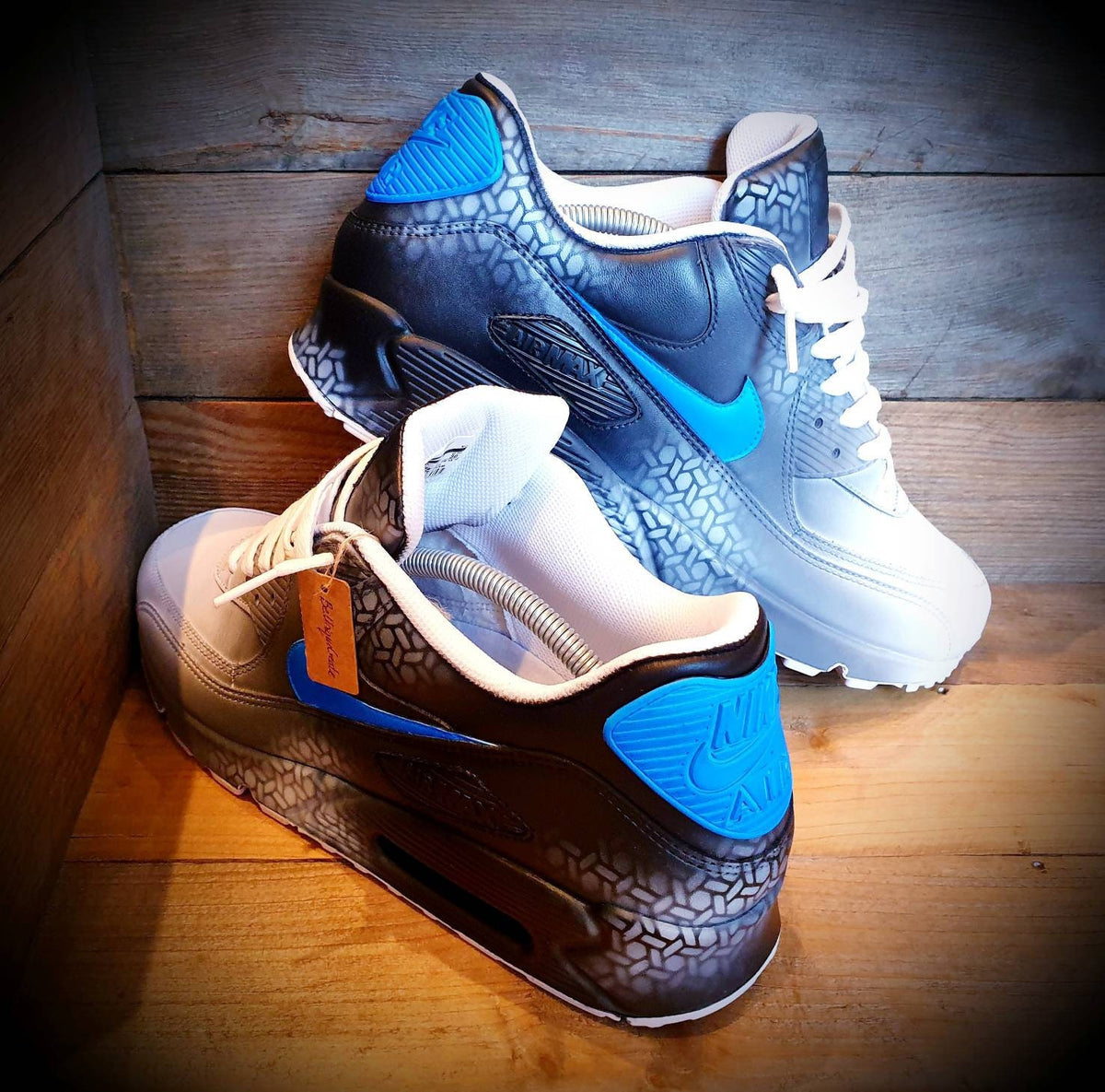 Custom Painted Air Max 90 - Neon Blue Black Graffiti Trainers