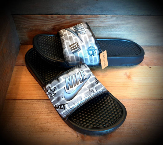 Custom Painted Sliders - Black White Brick Wall Graffiti Drip Slides