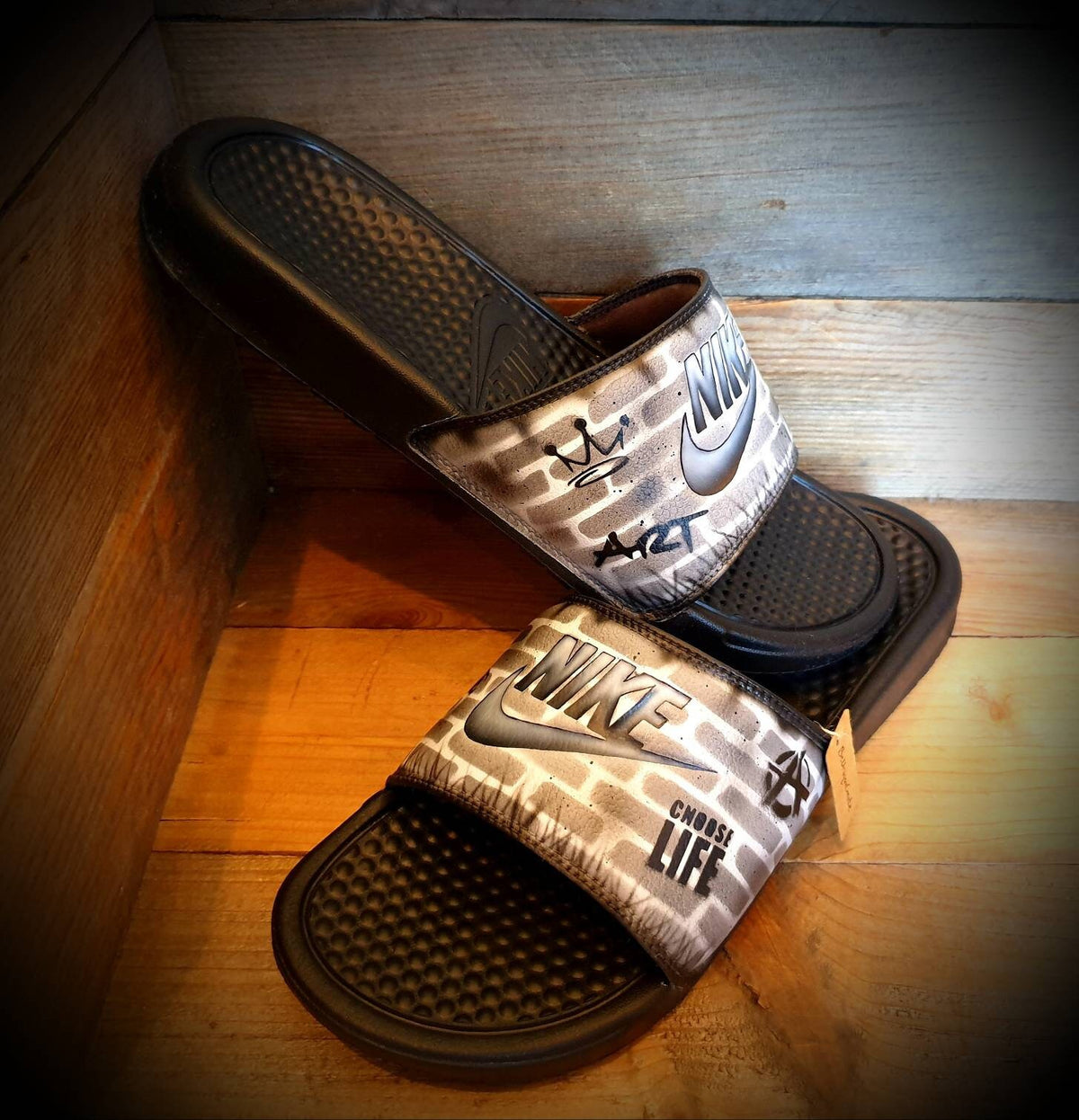 Custom Painted Sliders - Black White Brick Wall Graffiti Drip Slides