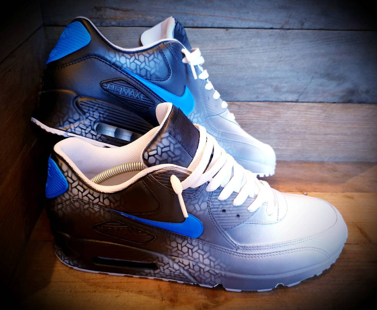 Custom Painted Air Max 90 - Neon Blue Black Graffiti Trainers