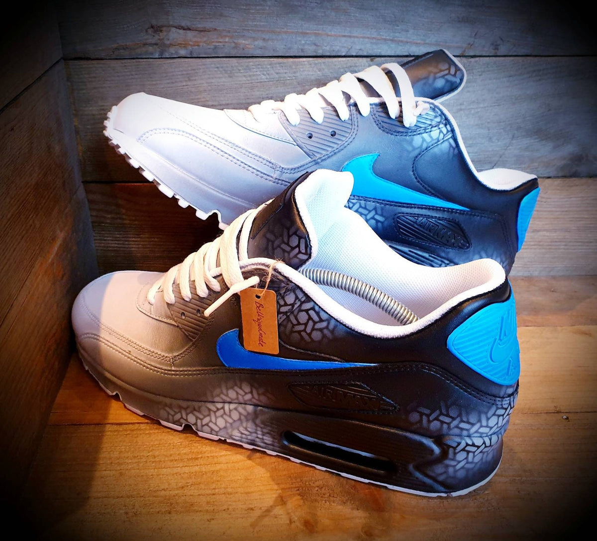 Custom Painted Air Max 90 - Neon Blue Black Graffiti Trainers