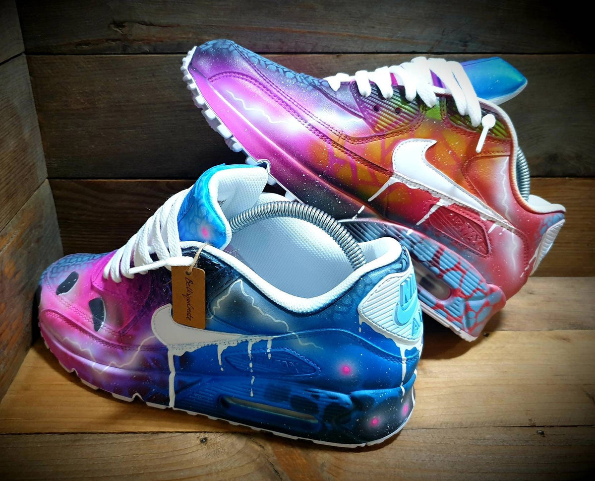 Custom Painted Air Max 90 - Neon Blue Pink Graffiti Drip Trainers