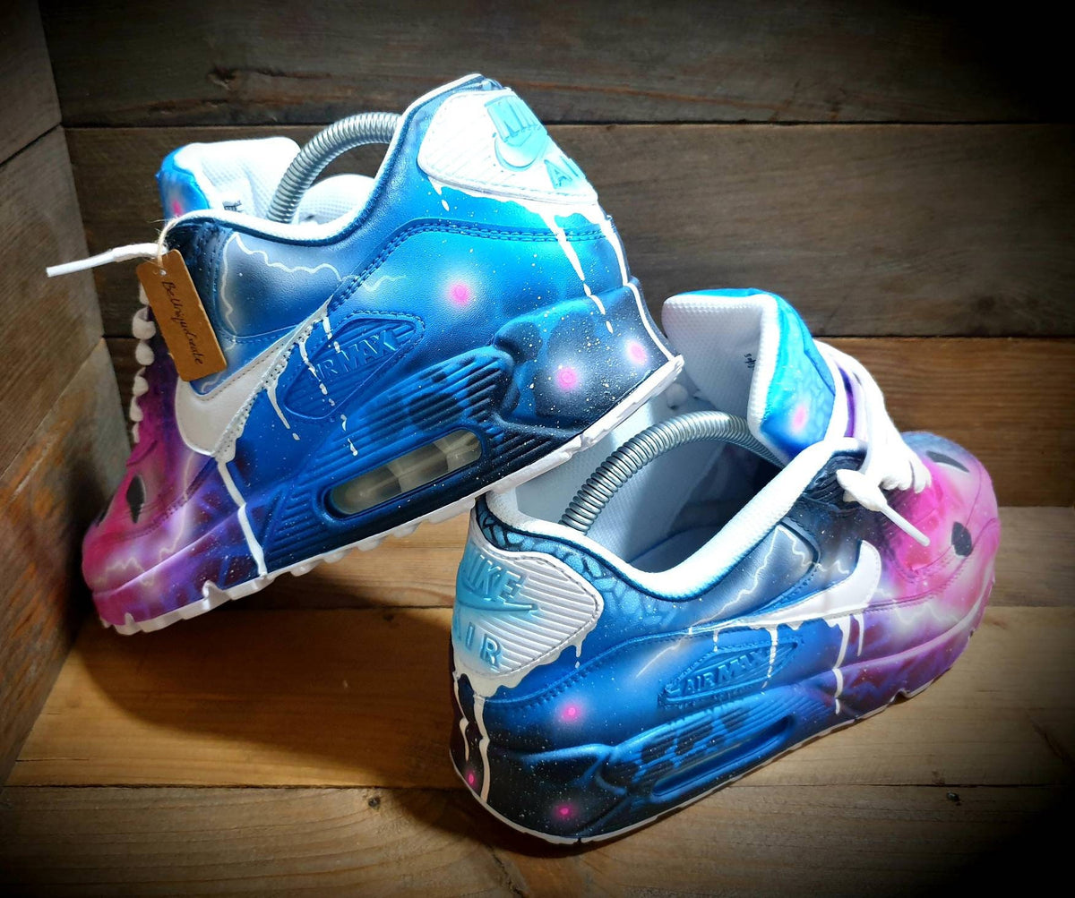 Custom Painted Air Max 90 - Neon Blue Pink Graffiti Drip Trainers