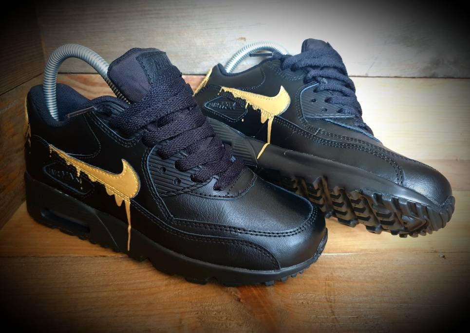 Custom Painted Air Max 90 - Black Gold Drip Trainers