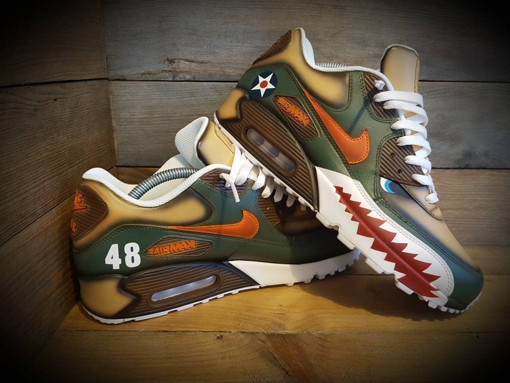 Custom Painted Air Max 90 - Warhawk Sharks Teeth Green Brown Drip Trainers