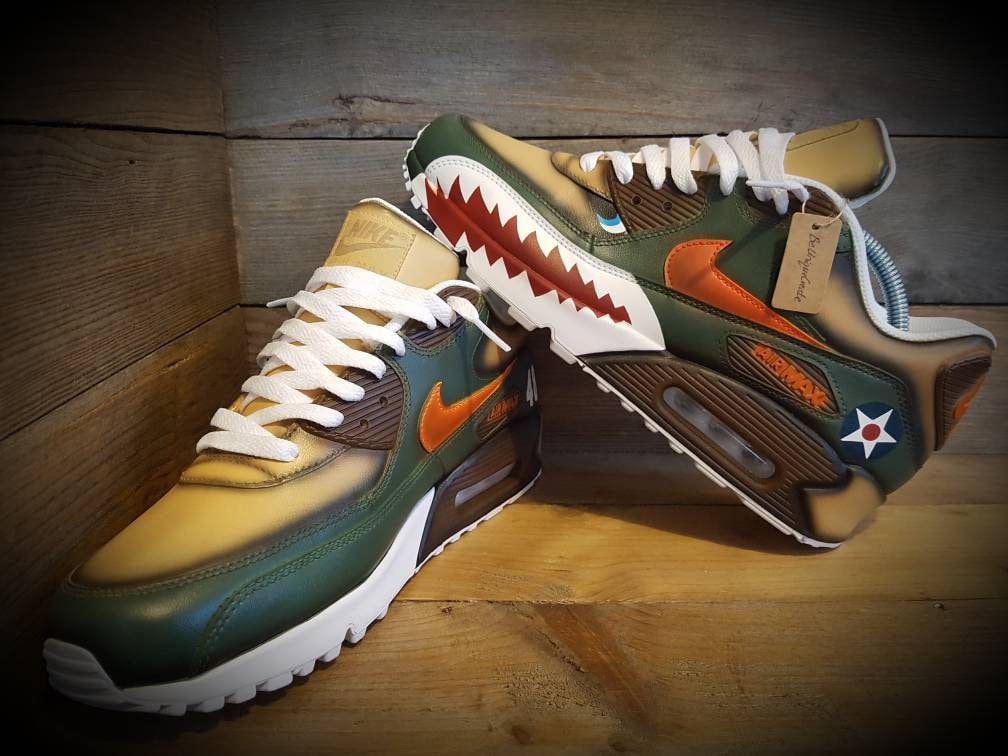 Custom Painted Air Max 90 - Warhawk Sharks Teeth Green Brown Drip Trainers