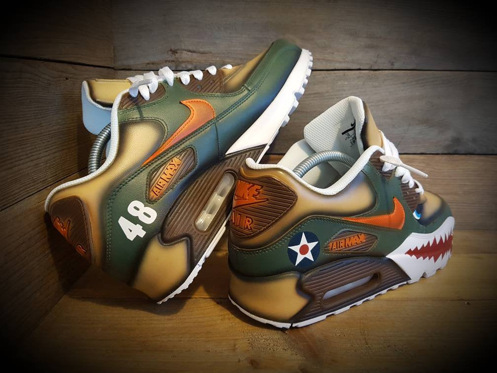 Custom Painted Air Max 90 - Warhawk Sharks Teeth Green Brown Drip Trainers
