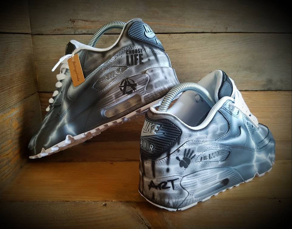 Custom Painted Air Max 90 - Black White Brick Wall Graffiti Drip Trainers