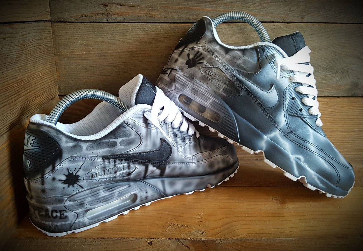 Custom Painted Air Max 90 - Black White Brick Wall Graffiti Drip Trainers