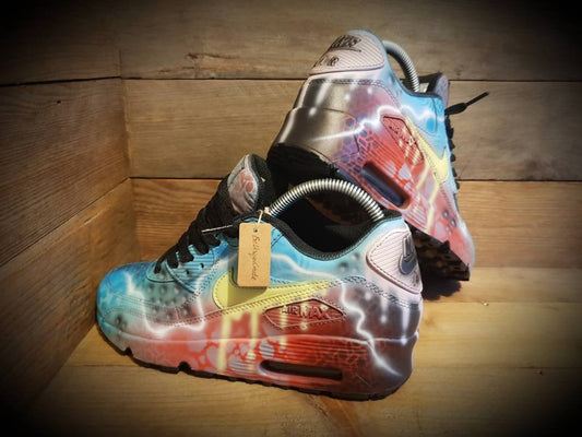 Custom Painted Air Max 90 - Neon Blue Red Graffiti Drip Trainers