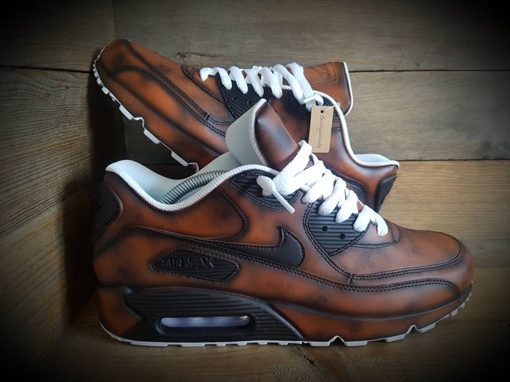 Custom Painted Air Max 90 - Brown Distressed Aged Leather Trainers