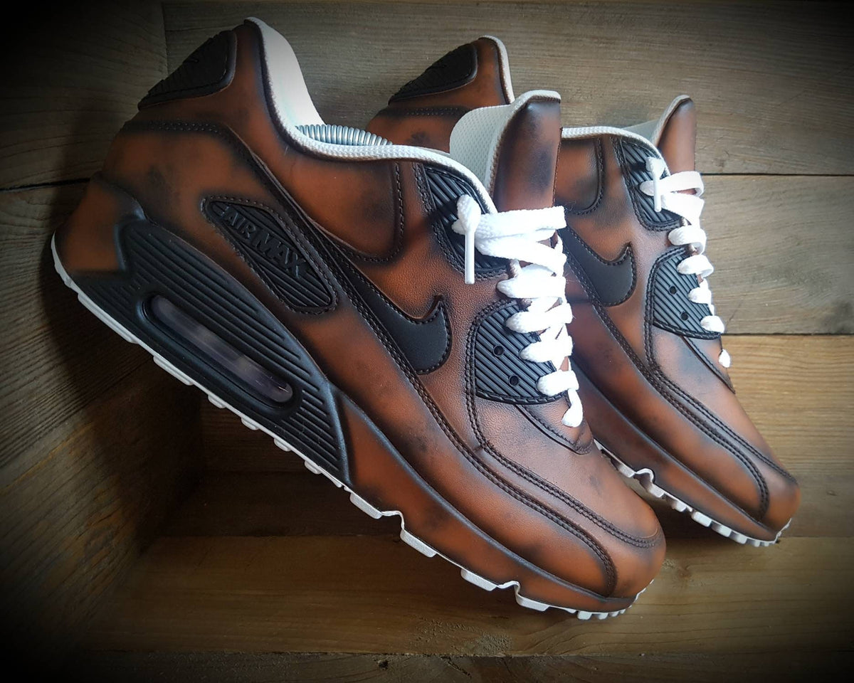 Custom Painted Air Max 90 - Brown Distressed Aged Leather Trainers