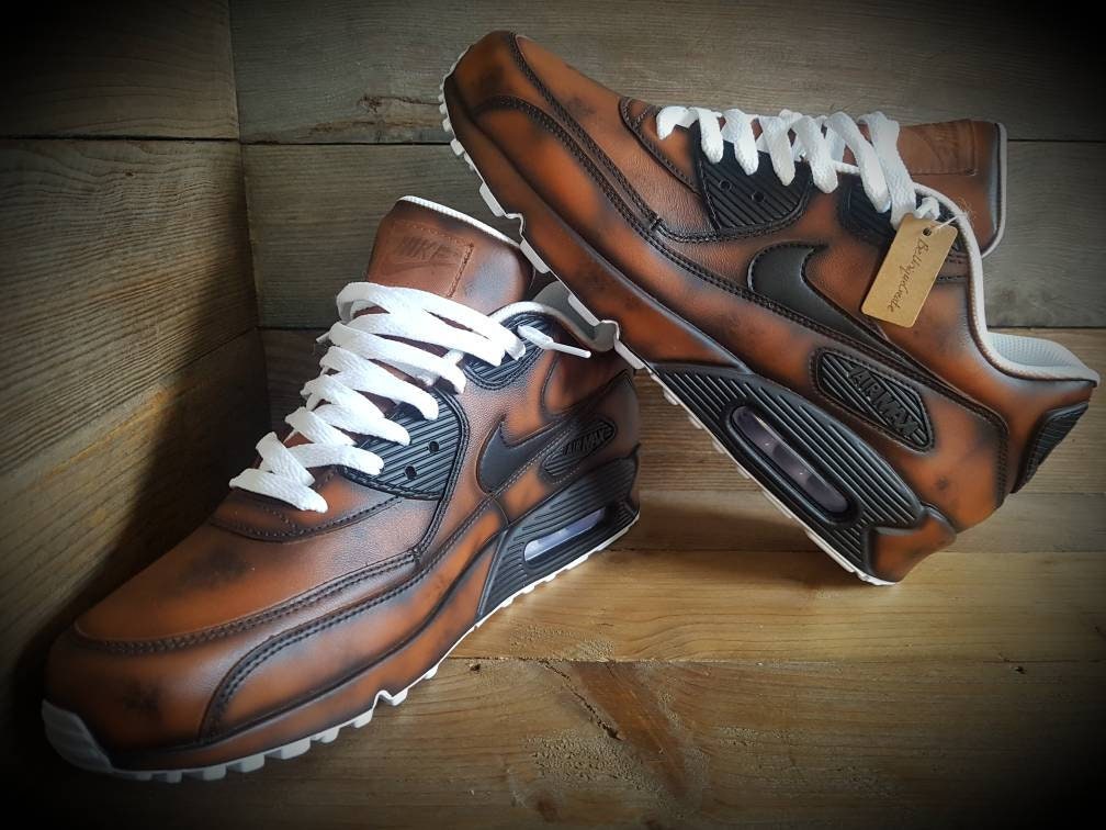 Custom Painted Air Max 90 - Brown Distressed Aged Leather Trainers