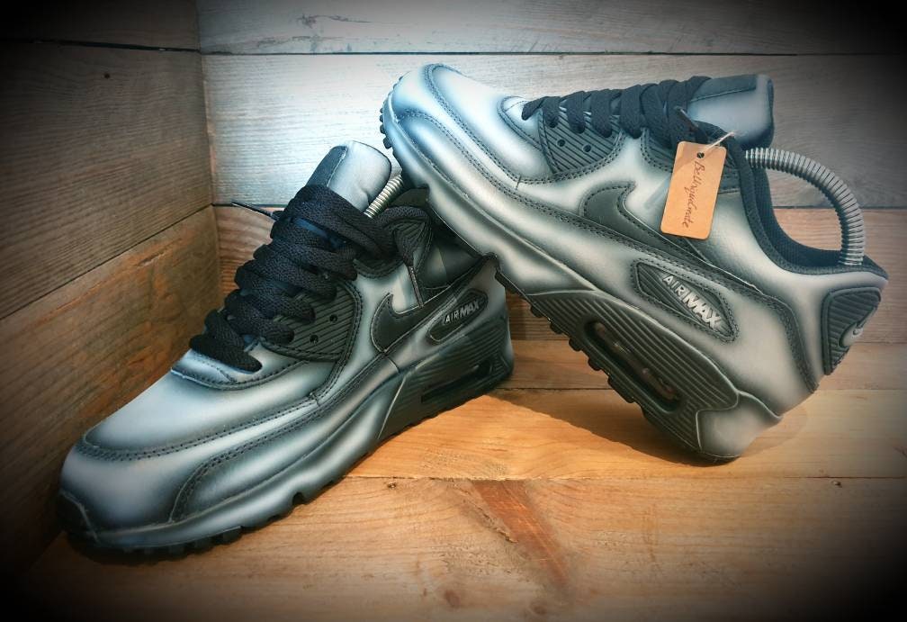 Custom Painted Air Max 90 - Black White Ghost Effect Trainers