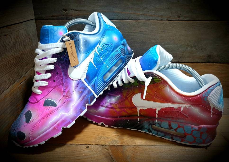 Custom Painted Air Max 90 - Neon Blue Pink Graffiti Drip Trainers