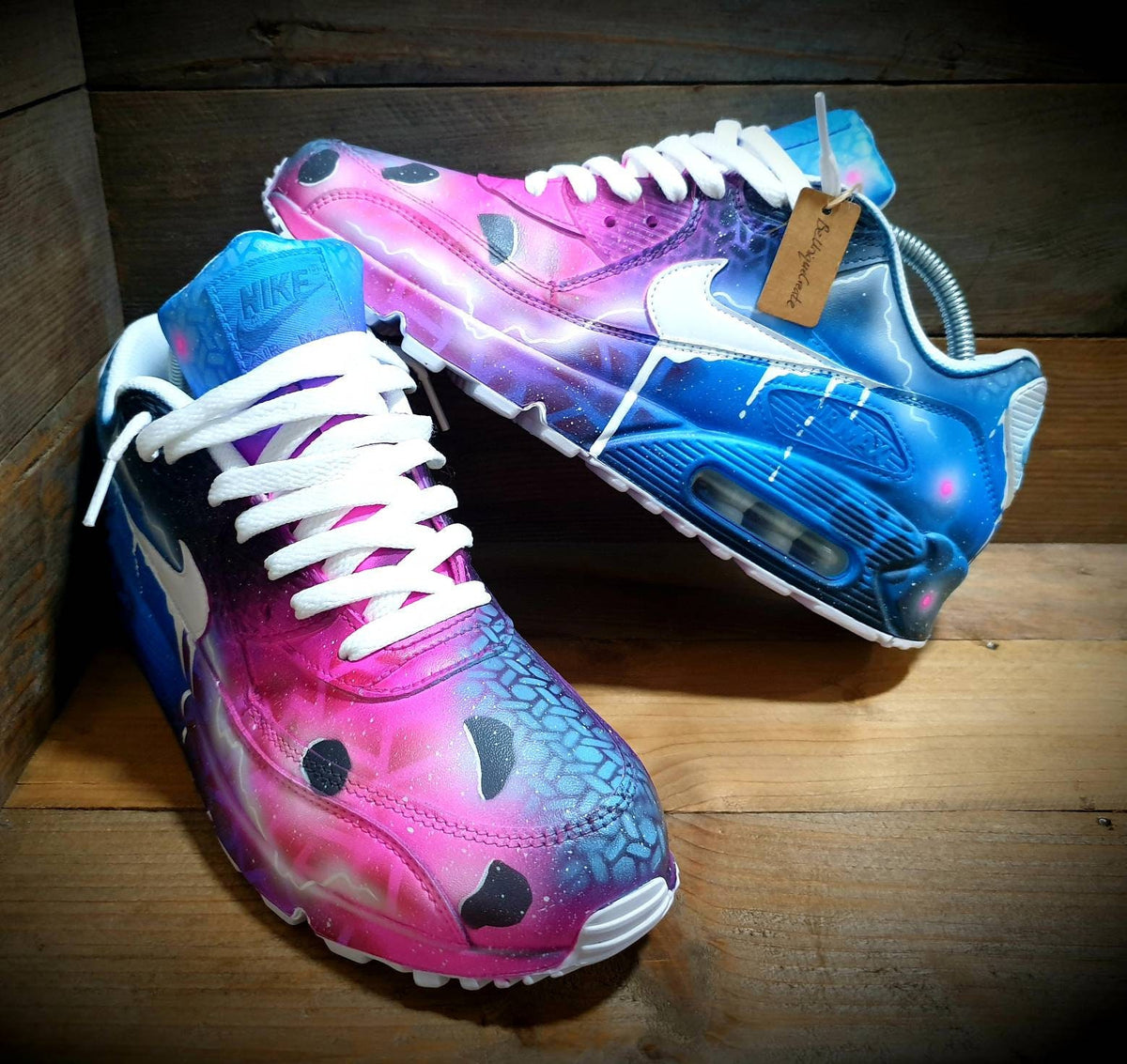 Custom Painted Air Max 90 - Neon Blue Pink Graffiti Drip Trainers