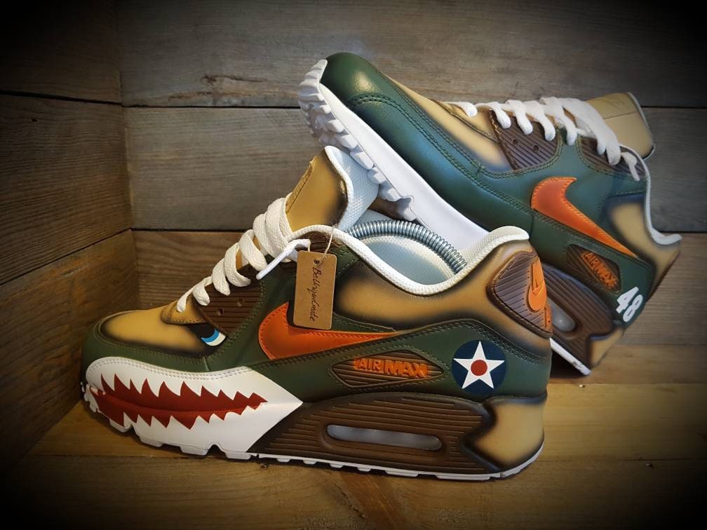 Custom Painted Air Max 90 - Warhawk Sharks Teeth Green Brown Drip Trainers
