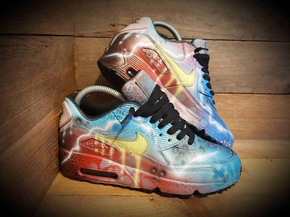 Custom Painted Air Max 90 - Neon Blue Red Graffiti Drip Trainers