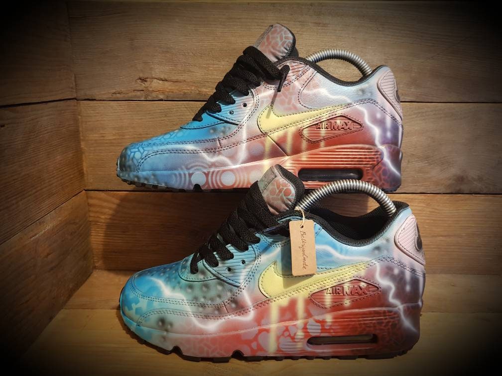Custom Painted Air Max 90 - Neon Blue Red Graffiti Drip Trainers