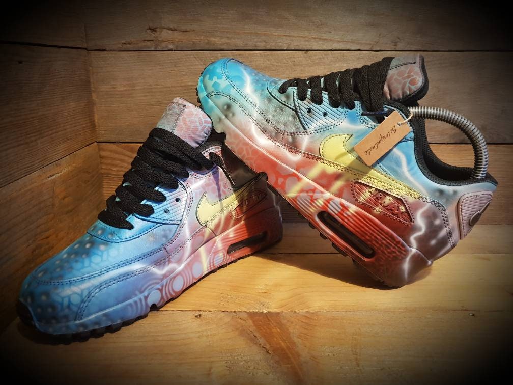 Custom Painted Air Max 90 - Neon Blue Red Graffiti Drip Trainers