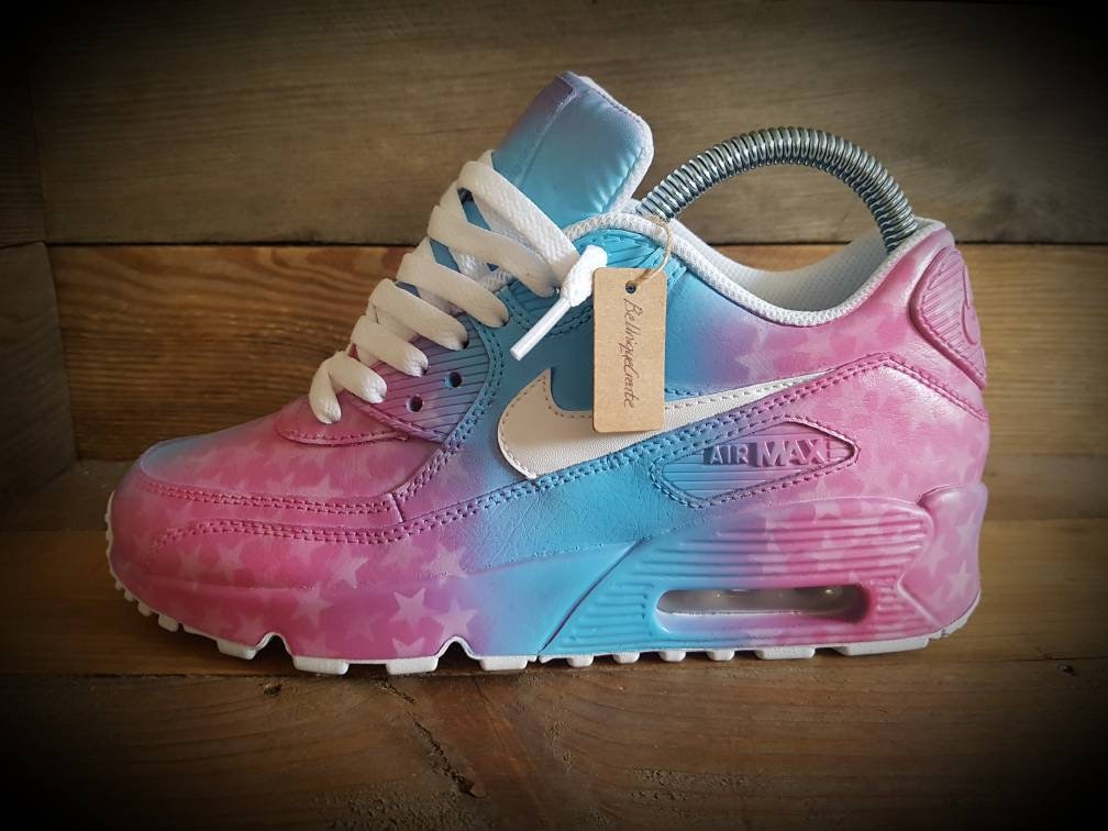 Custom Painted Air Max 90 - Pink Blue Faded Stars Trainers