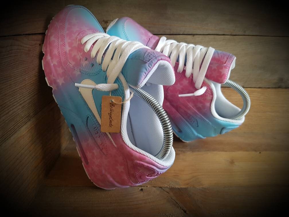 Custom Painted Air Max 90 - Pink Blue Faded Stars Trainers
