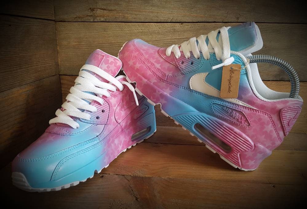 Custom Painted Air Max 90 - Pink Blue Faded Stars Trainers