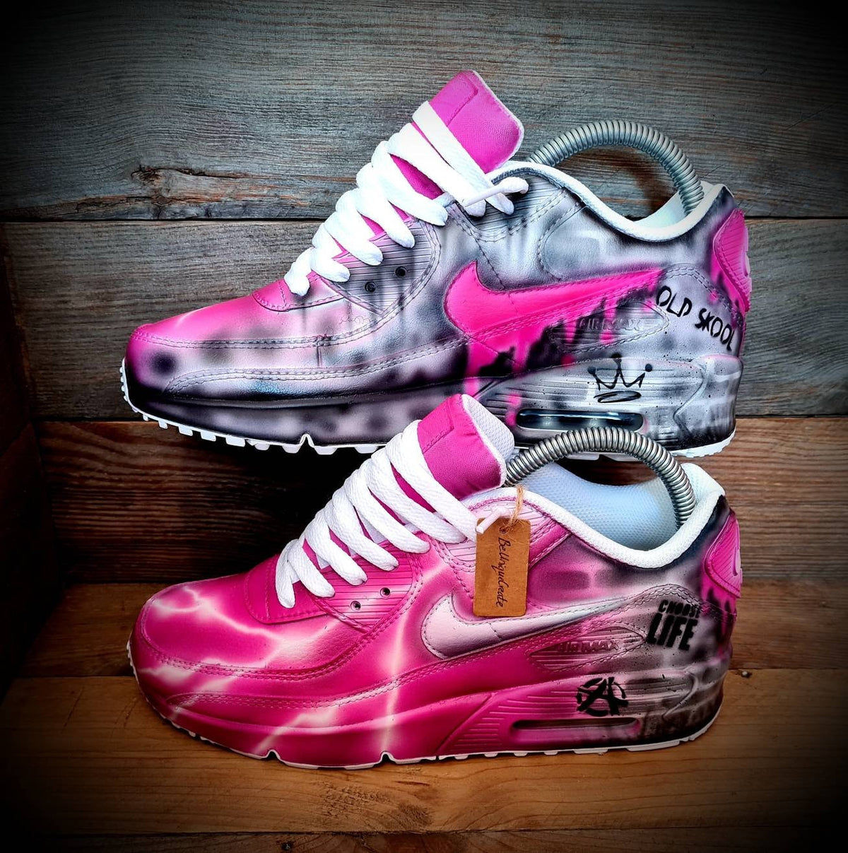 Custom Painted Air Max 90 - Neon Pink White Brick Wall Graffiti Drip Trainers