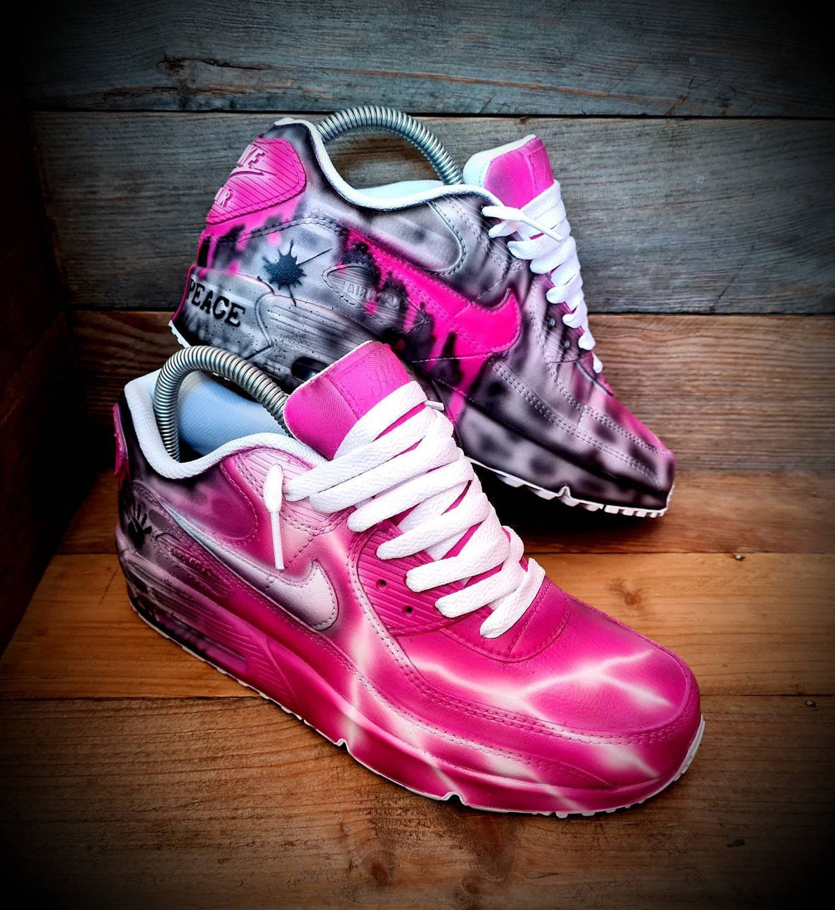 Custom Painted Air Max 90 - Neon Pink White Brick Wall Graffiti Drip Trainers