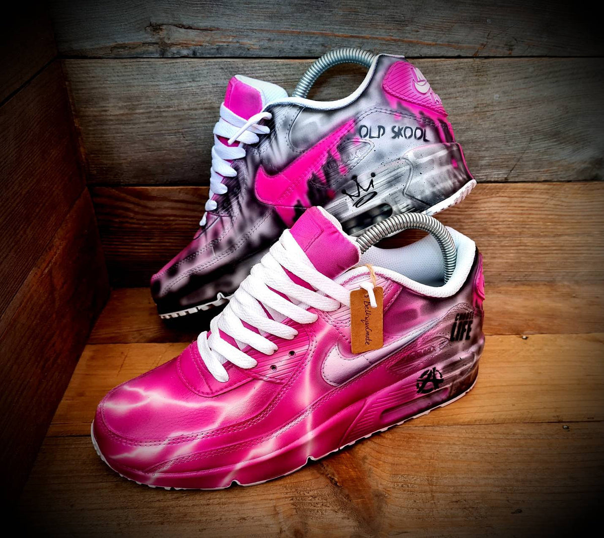 Custom Painted Air Max 90 - Neon Pink White Brick Wall Graffiti Drip Trainers