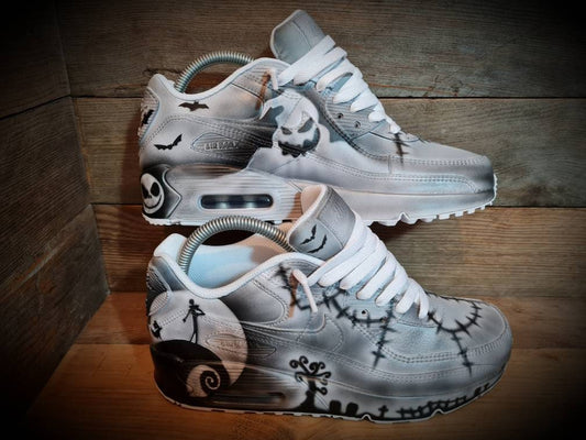 Custom Painted Air Max 90 - Nightmare Before Christmas Black Grey Trainers