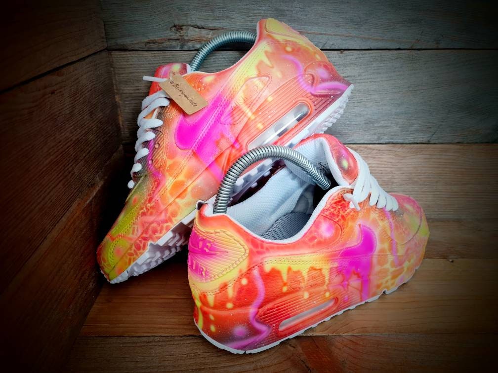 Custom Painted Air Max 90 - Neon Orange Yellow Graffiti Drip Trainers