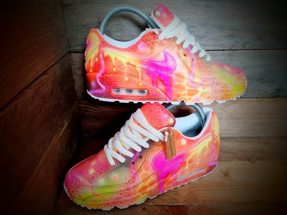 Custom Painted Air Max 90 - Neon Orange Yellow Graffiti Drip Trainers