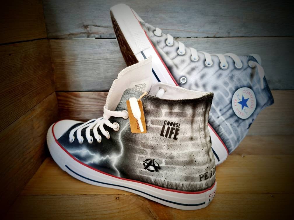 Custom Painted Chuck Taylor All Star Classic High Top - Black Brick Wall Graffiti Trainers