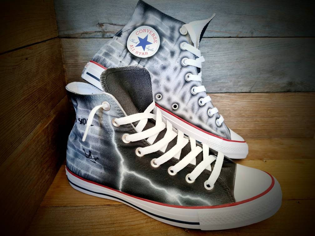Custom Painted Chuck Taylor All Star Classic High Top - Black Brick Wall Graffiti Trainers