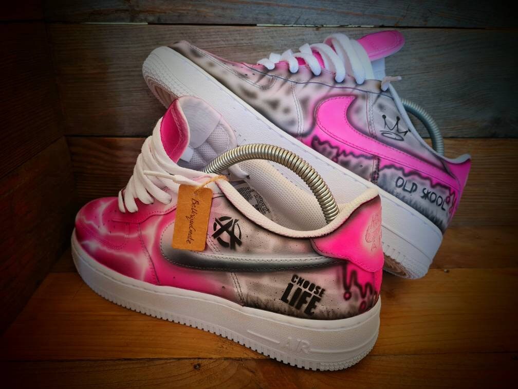 Custom Painted Air Force 1 - Neon Pink Brick Wall Graffiti Drip Trainers