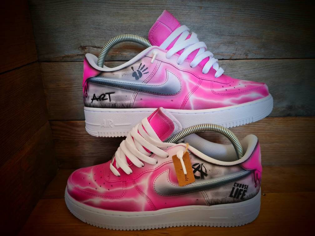 Custom Painted Air Force 1 - Neon Pink Brick Wall Graffiti Drip Trainers