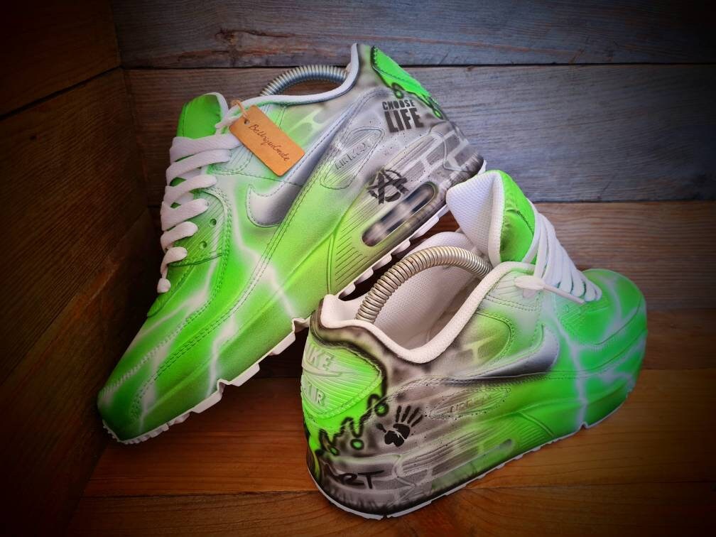 Custom Painted Air Max 90 - Neon Green White Brick Wall Graffiti Drip Trainers