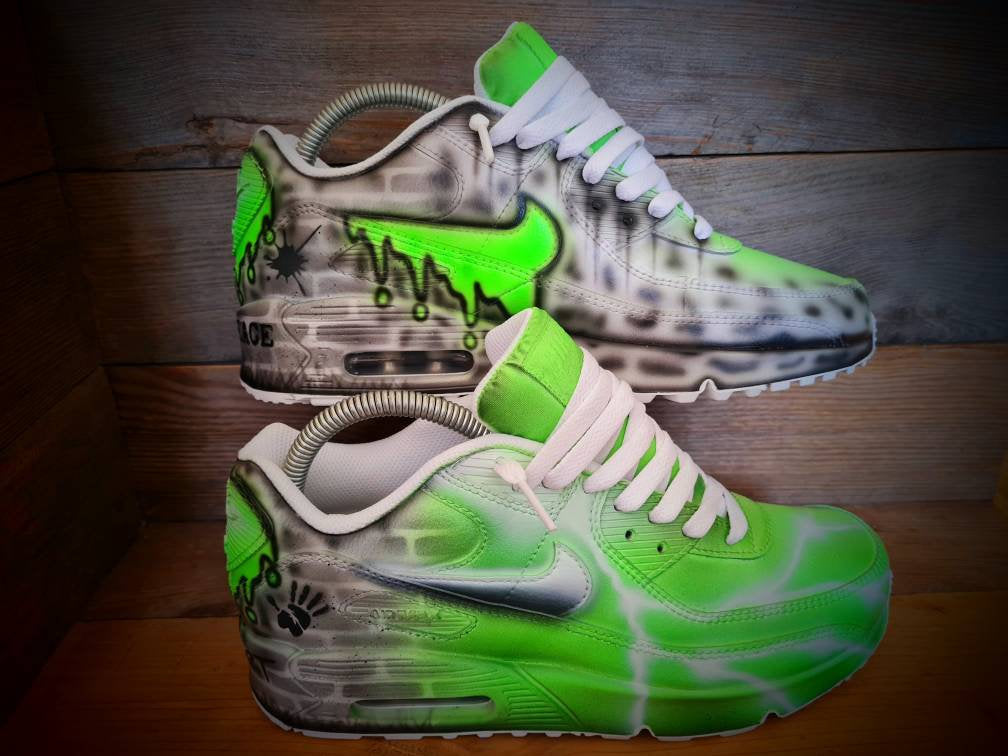 Custom Painted Air Max 90 - Neon Green White Brick Wall Graffiti Drip Trainers