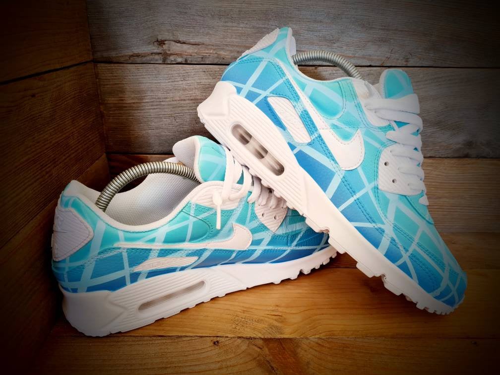 Custom Painted Air Max 90 - Aqua Geometric Trainers