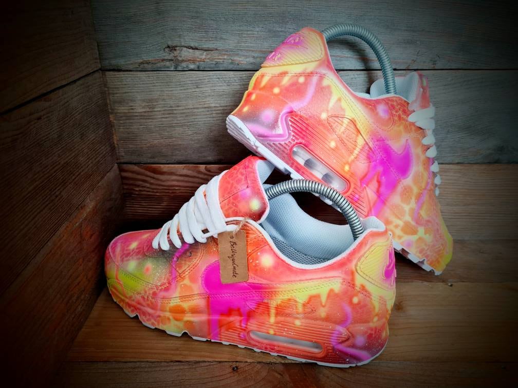 Custom Painted Air Max 90 - Neon Orange Yellow Graffiti Drip Trainers