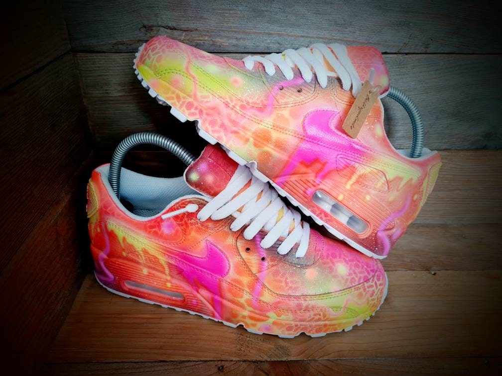 Custom Painted Air Max 90 - Neon Orange Yellow Graffiti Drip Trainers