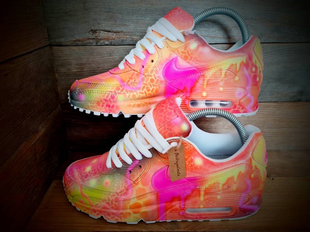 Custom Painted Air Max 90 - Neon Orange Yellow Graffiti Drip Trainers
